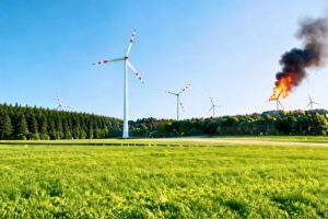 Illustration eines Brandes an einer Windkraftanlage im Zusammenhang mit Feuerwehreinsätzen und Waldbrandrisiken bei Windparks in Waldgebieten.